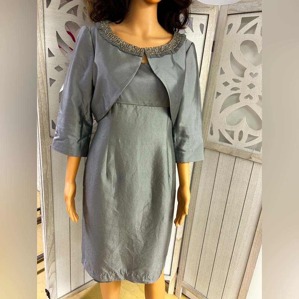 Adrianna Papell Occasions Steel Gray Silk Dress with Sequined Bolero Sz 10